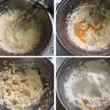 Dùng máy đánh trứng, đánh bơ ở tốc độ vừa cho đến khi bơ chuyển màu nhạt hơn thì cho trứng vào, tiếp tục đánh cho hỗn hợp hòa quyện sau đó cho bột mì đã rây mịn vào âu.