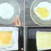 Đánh lòng trắng trứng với 1/4 muỗng cà phê muối cho nổi bọt thì thêm cream of tartar vào. Cho đường từ từ vào và đánh tới khi bông cứng (tạo chớp bắp trên que đánh trứng). Lấy 1 ít lòng trắng trứng đã đánh bông trộn vào hỗn hợp lòng đỏ và bột cho loãng ra bớt. Sau đó, chia lòng trắng trứng còn lại thành 2 phần, cho lần lượt vào hỗn hợp bột và dùng cây vét bột trộn nhẹ nhàng từ dưới lên để không làm vỡ bọt khí (vì sẽ làm bánh bông lan nướng không nở xốp). Cho bột bánh bông lan ra khuôn đã lót giấy chống dính. Vỗ nhẹ khuôn. Làm nóng lò trước đó 10 phút. Đặt khuôn vào khay nước nóng, nướng trong 50-55 phút ở 150 độ C.