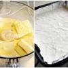 Cho bột mì, 70g đường bột và 1/8 muỗng cà phê muối vào trong máy trộn, trộn trong 3 giây. Thêm 120g bơ vào trong quá trình trộn (trộn từ 8-10 giây), cho đến khi hỗn hợp có màu vàng nhạt, hơi thô.