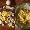 Trứng luộc chín, bóc vỏ, cắt nhỏ hạt lựu rồi trộn đều với 1 muỗng canh sốt mayonnaise, 1/4 muỗng cà phê muối tiêu. Bọc kín hỗn hợp và cho vào tủ lạnh khoảng 1 tiếng đồng hồ.