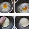 Cho bột mì vào bát, sau đó cho trứng gà, đường, muối, men nở và trộn đều với ít nước, sao cho hỗn hợp dễ nhào nặn.