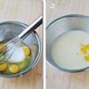 Cho trứng vào tô cùng 90gr đường, đánh cho tan đường. Bơ cho vào nồi, nấu chảy rồi cho vào trứng, khuấy đều.