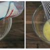 Cho trứng và sữa vào tô lớn, dùng phới lồng đánh đều cho hòa quyện. Sau đó thêm bột mì vào và tiếp tục trộn đều.