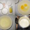Đập trứng gà vào tô, cho đường trắng vào cùng, dùng máy đánh trứng, đánh đều. Đổ từ từ sữa tươi vào, bắc hỗn hợp lên bếp, khuấy đều liu riu nhỏ lửa (không nấu sôi hỗn hợp).