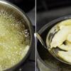 Bắc chảo lên bếp, đun nóng dầu, cho khoai tây vào chiên giòn vớt ra để ráo. Trước khi chiên khoai, luộc sơ qua với nước muối loãng để khoai tây vàng đẹp mắt.