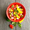 Salad xoài trộn cà chua ớt tươi với các loại hoa quả tươi giòn hấp dẫn. Không chỉ cung cấp nhiều chất sơ và còn chứa nhiều vitamin rất thiết yếu nữa nhé! Đặc biệt những chị em có thể dùng để ăn kiêng rất hiệu quả.