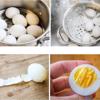 Đầu tiên, bạn luộc trứng chín vừa. Đợi trứng nguội thì bóc vỏ luôn nhé. Tiếp theo, bạn thái trứng thành miếng để trứng ngấm gia vị khi trộn salad.