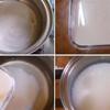 Cho sữa, nước cốt dừa và đường vào nước thạch. Đặt lên bếp đun, khuấy đều cho sôi lăn tăn trong 5 phút, bột thạch và đường tan hết là được.