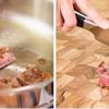 Có thể cắt luôn thịt bò trong chảo chiên còn nếu như sử dụng thịt bò Kobe Mỹ, có thể để nguội vài phú trước khi cắt.